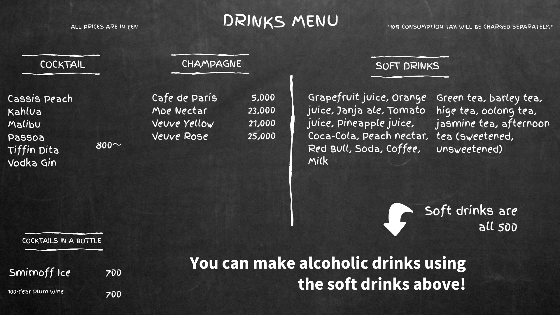 Kplus Koenji menu: shots, soft drinks, sours